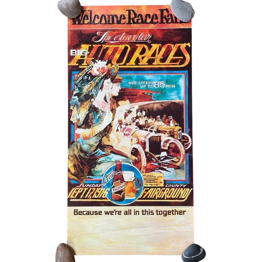 VTG Falstaff Beer Welcome Race Fans Poster St Louis‎ Antique Auto Car READ